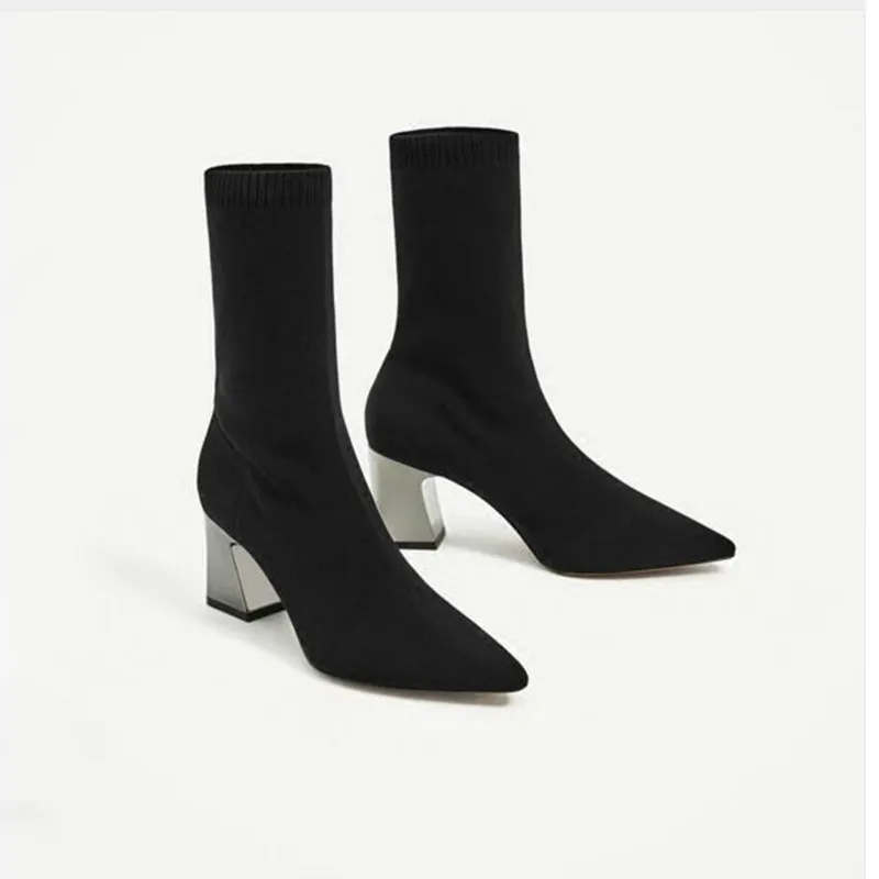 Dropshipping Fashion Ankle Elastic Sock Boots Chunky High Heels Stretch Women Autumn Sexy Booties Pointed Toe Pump Size | Обувь