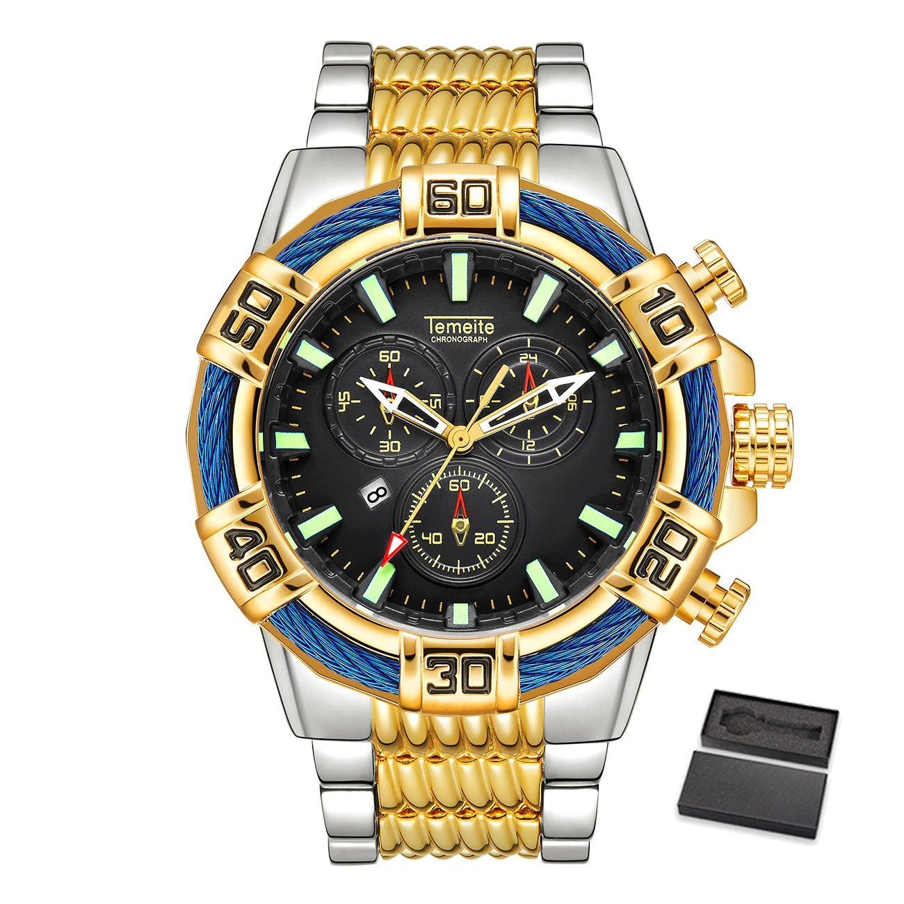 Temeite 4 with box Relogio Masculino мужские часы Топ бренд Temeite Бизнес Кварцевые часы роскошные золотые мужские водонепроницаемые военные наручные часы Мужские часы - Цвет: Temeite 4 with box