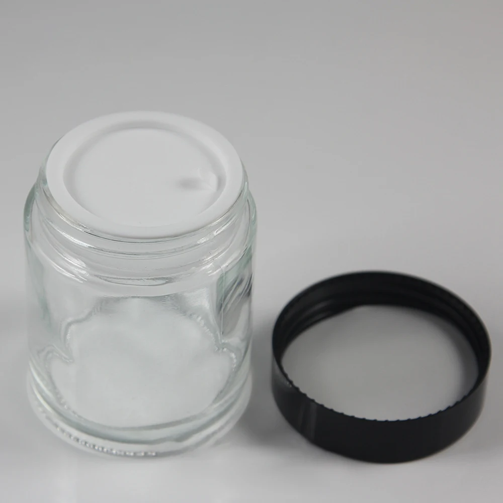 Прозрачная стеклянная банка для крема 100 г с черной или белой крышкой пустая