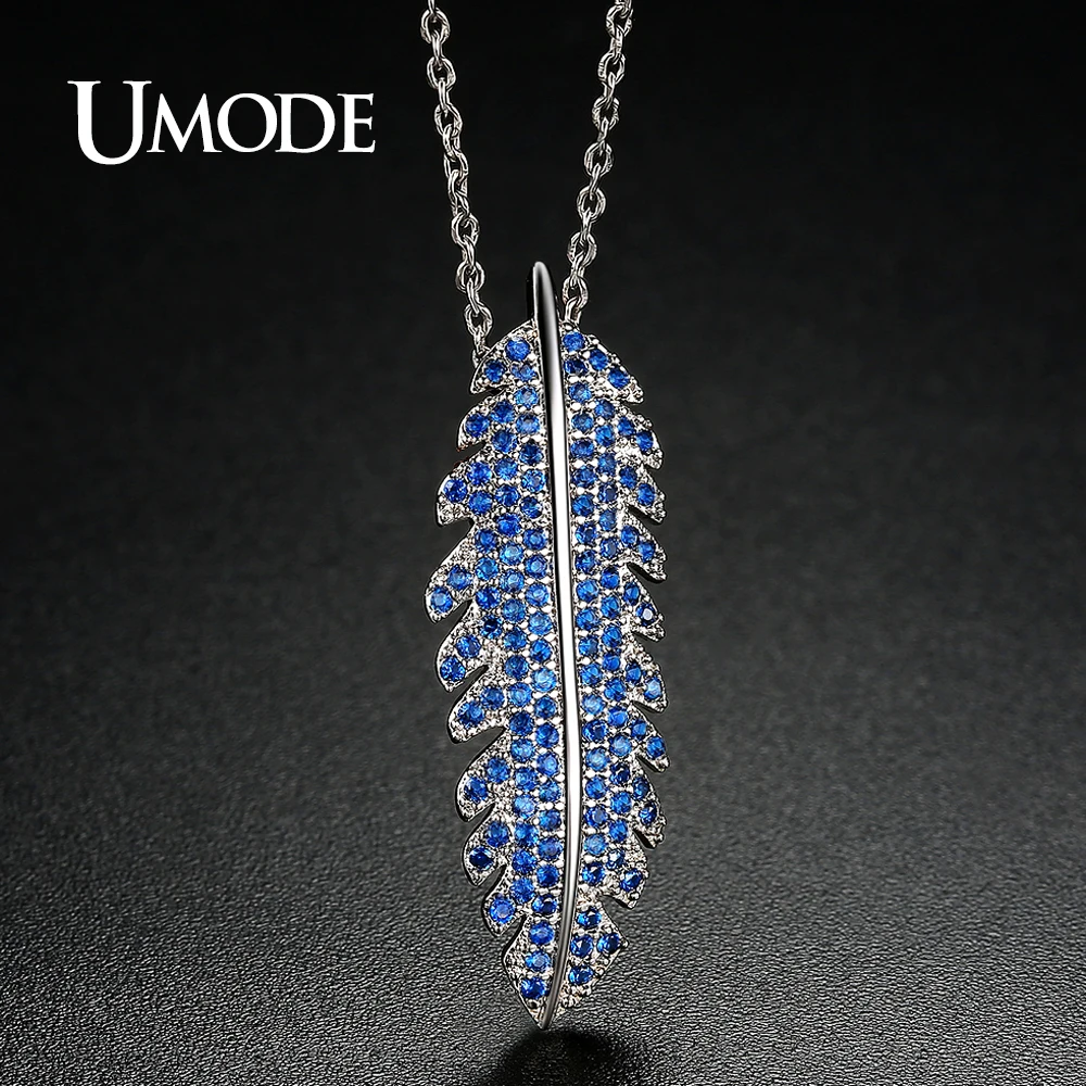 

UMODE New Fashion Feather Blue Austrian Rhinestone Long Link Chain Pendant Necklaces for Women Jewelry Plant Leaf Colar UN0250C