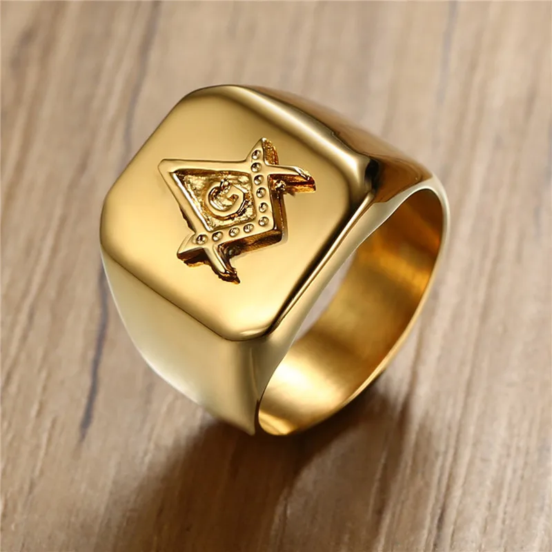 ZORCVENS 2023 New Gold Color Masonic Compass Square Mason Ring High Polished Stainless Steel Ring for Men Party Jewelry Gifts