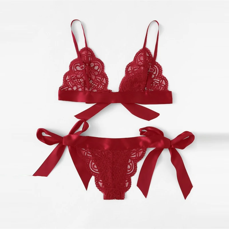 SHEIN, кружевное сексуальное женское белье, набор, горячая Распродажа, женская пижама, v-образный вырез, без рукавов, кружево, гребешок, бюстгальтер без косточек и трусики, интимное белье