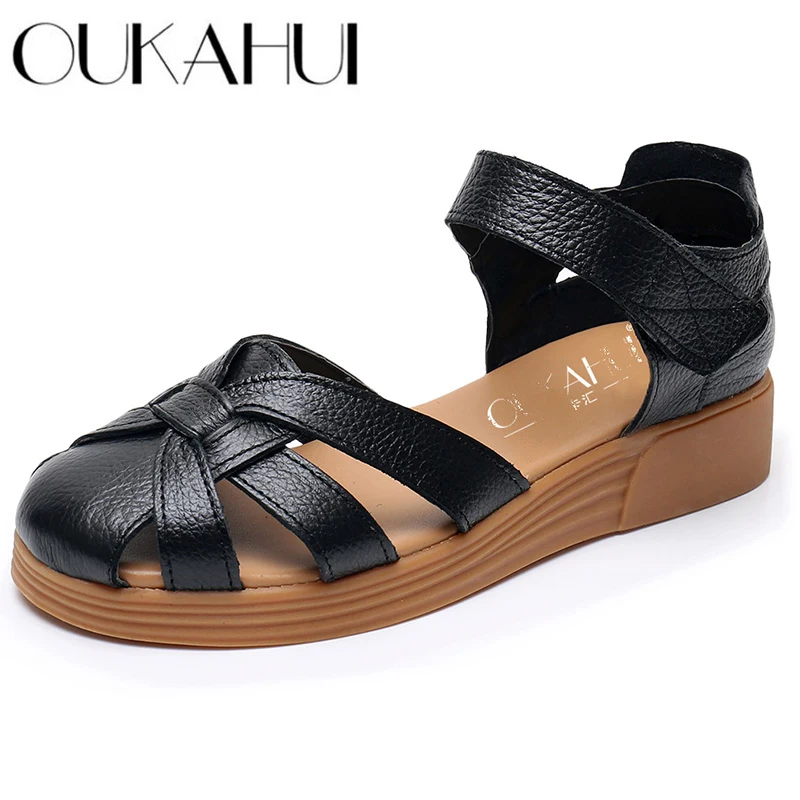 

OUKAHUI 2021 Summer Genuine Leather Gladiator Sandals Women Cover Toe Hollow Out Breathable Soft Flat Roman Casual Sandals Woman