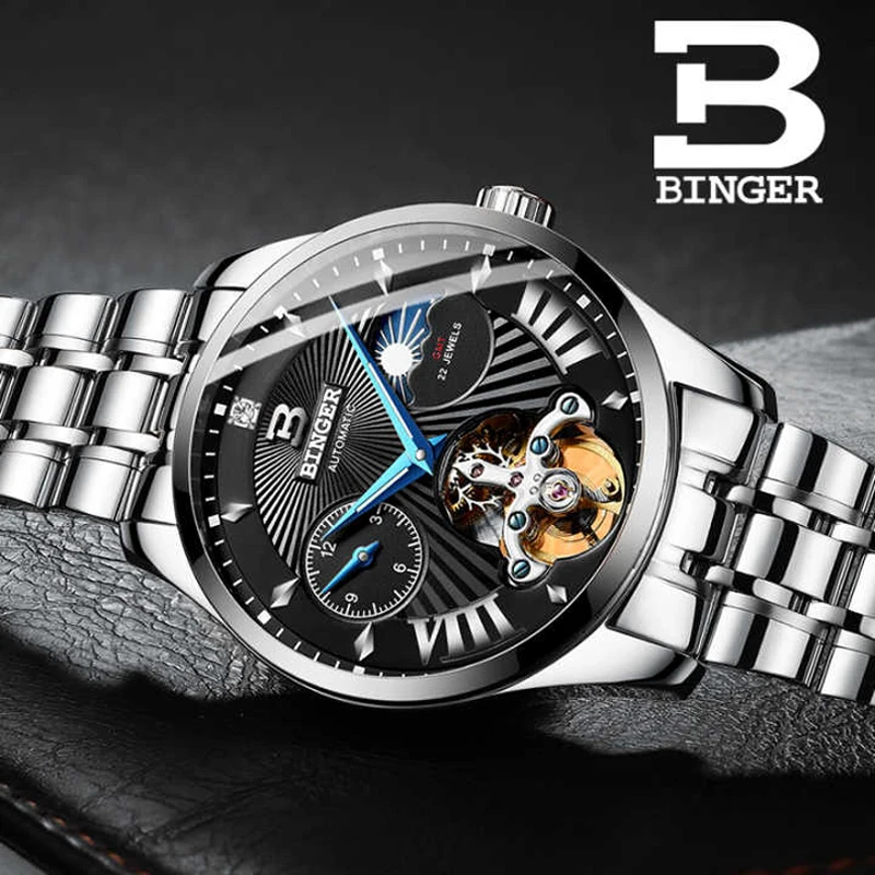 Мужские часы Binger Sapphire GMT автоматические механические водонепроницаемые мужские B