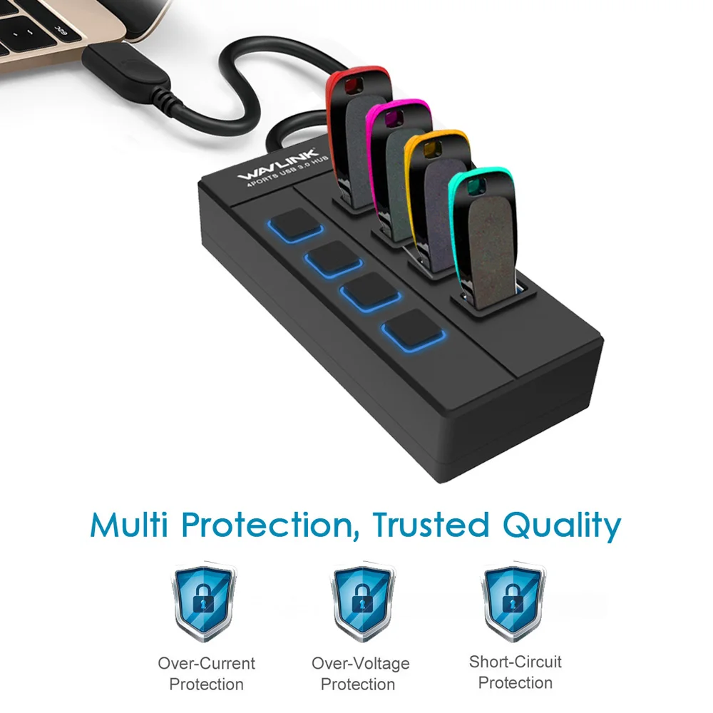 Wavlink 4 порта USB3.0 концентратор Высокоскоростной 5 Гбит/с usb-хаб с индивидуальным переключателем вкл/выкл usb-хаб сплиттер адаптер для Windows ноутбука ПК