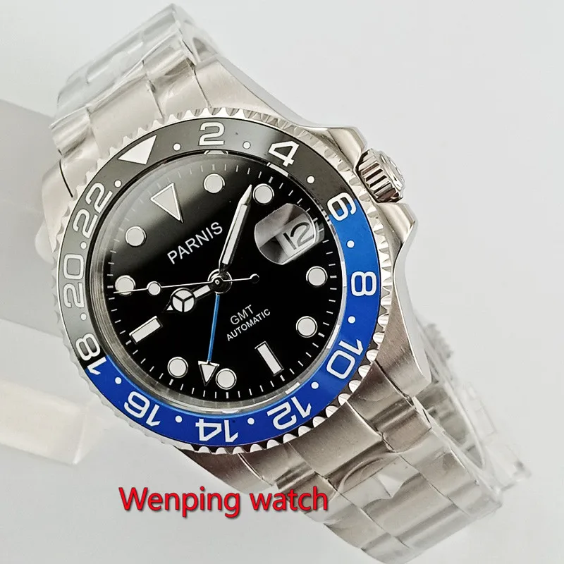 Мужские часы PARNIS 40 мм с черным циферблатом синим GMT Sapphire датой автоматического