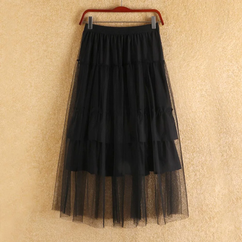 Summer 2018 New Korean Style Women Skirts A-Line Chiffon Office Lady High-Waist Pleated Mesh Patchwork Plain Girls Cupcake Skirt | Женская