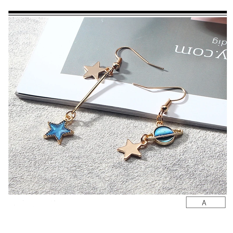Women Blue Metal Asymmetric Geometry Starry Moon Planet Stud Earrings Long Wild Sweet Jewelry Eardrop One size | Украшения и