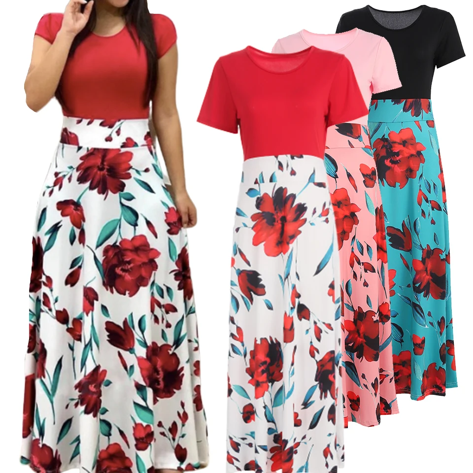 Цветочный Приталенное Платье Женщина Красный Лоскутный Стиль Бохо Макси 3XL