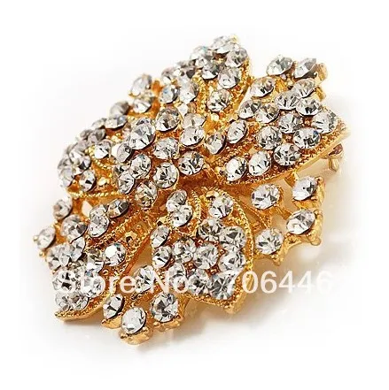 Большие броши для свадебного букета в золотом цвете с прозрачными кристаллами и