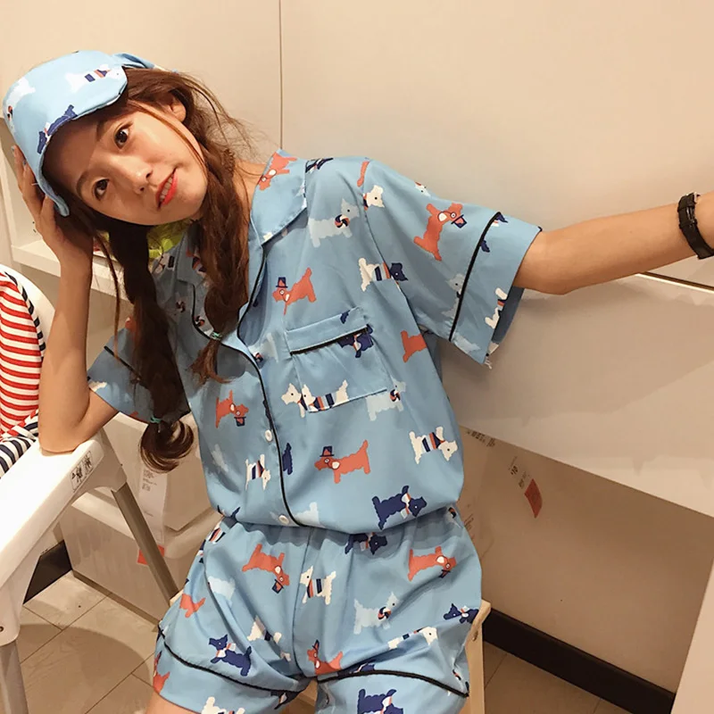 Kawaii принт комплект из двух предметов женские пижамы рубашка и шорты корейская мода свободные пижамы Женская повседневная домашняя одежда