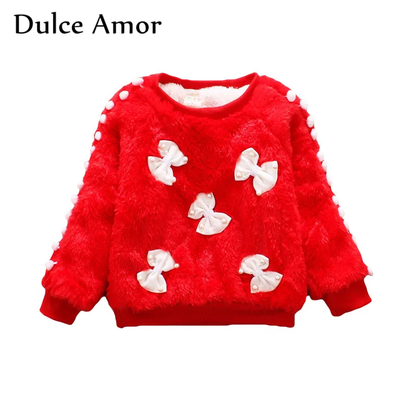 

Dulce Amor Baby Girl Furry Sweater Clothes Winter Children Thick Warm Pullover Inlaid Bows Plush Inside Toddler Tracksuit Tops