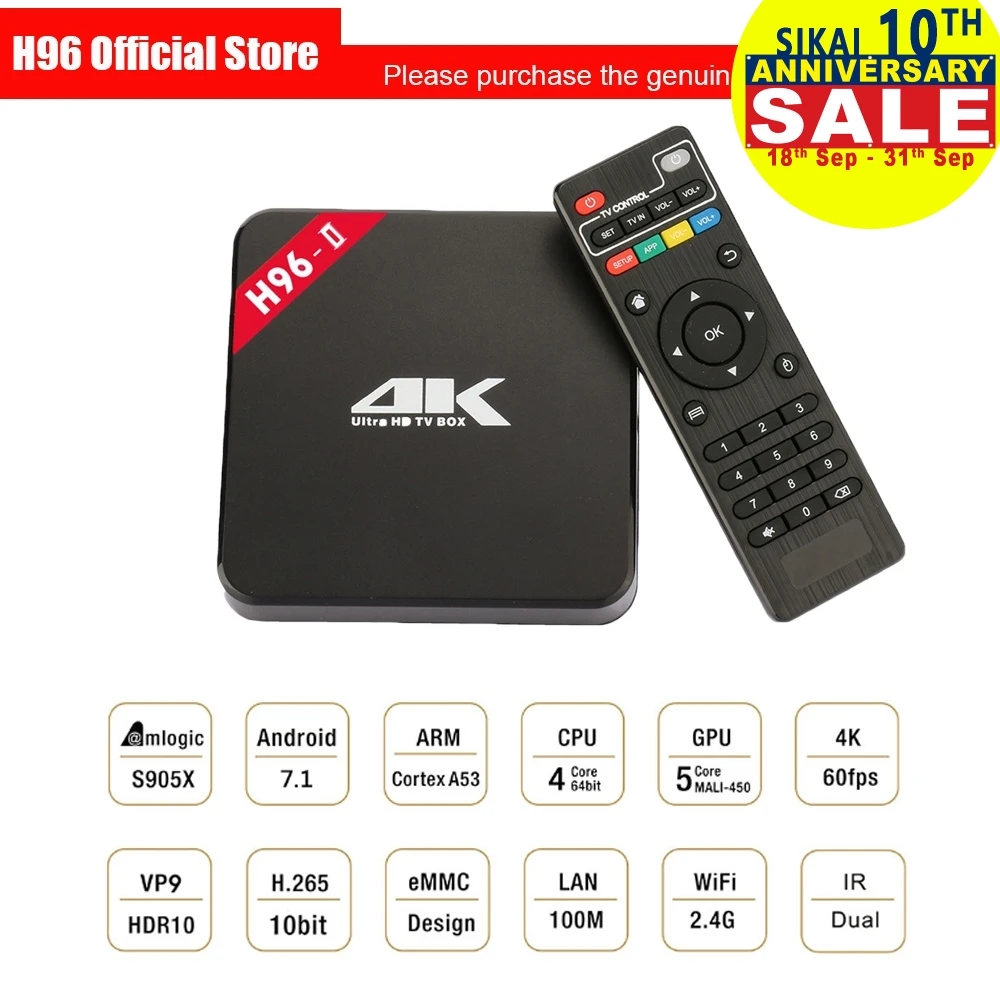 H96 2nd Gen Smart ТВ Box Amlogic S905 Octa Mali 450MP GPU 1 г/8 г 2 г/16 Android 7 4 г/5 8 ГГц Wi Fi Bluetooth Декодер каналов