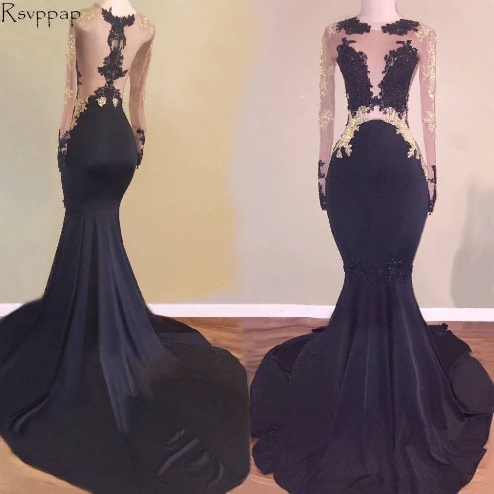 

Long Elegant Prom Dresses 2021 Mermaid Long Sleeve Sheer Nude Top With Lace African Black Prom Dress