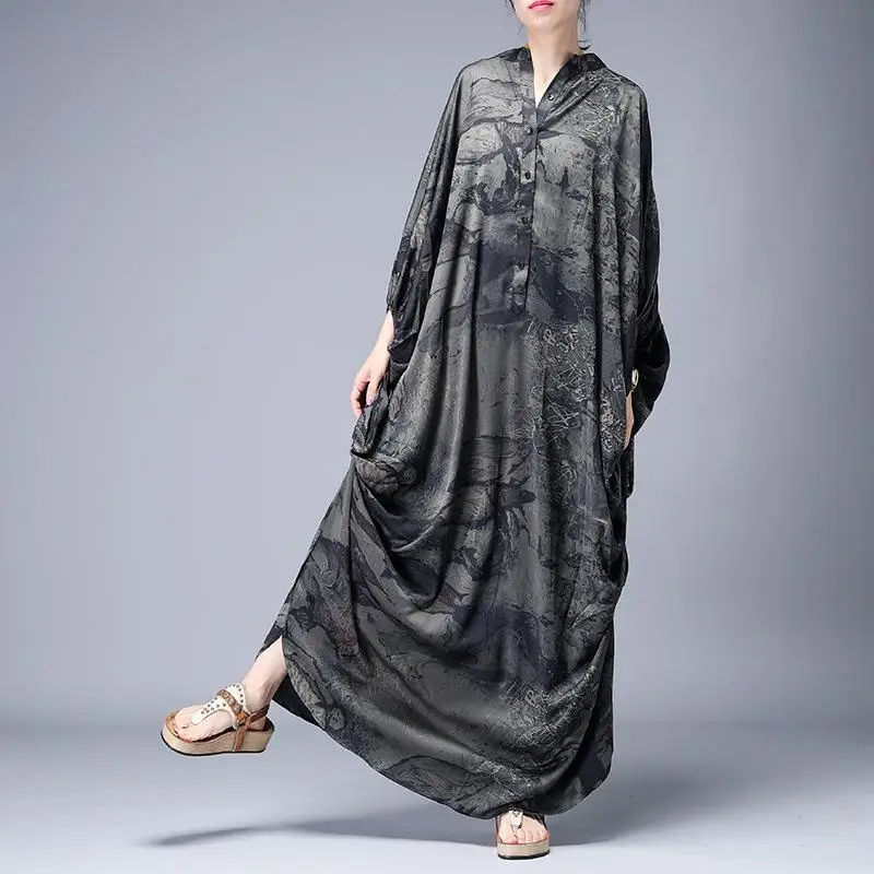 Новинка 2019 винтажное длинное платье с рукавом летучая мышь и пуговицами