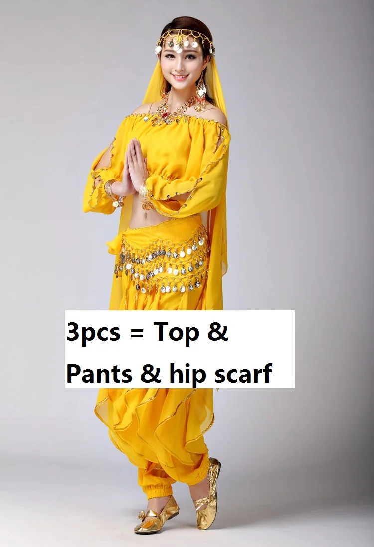 yellow3pcs Индийские платья костюмы-сари одежда в индийском стиле топ брюки танец живота одежда костюм набор для женщин бюстгальтер пояс Болливуд размера плюс - Цвет: yellow3pcs