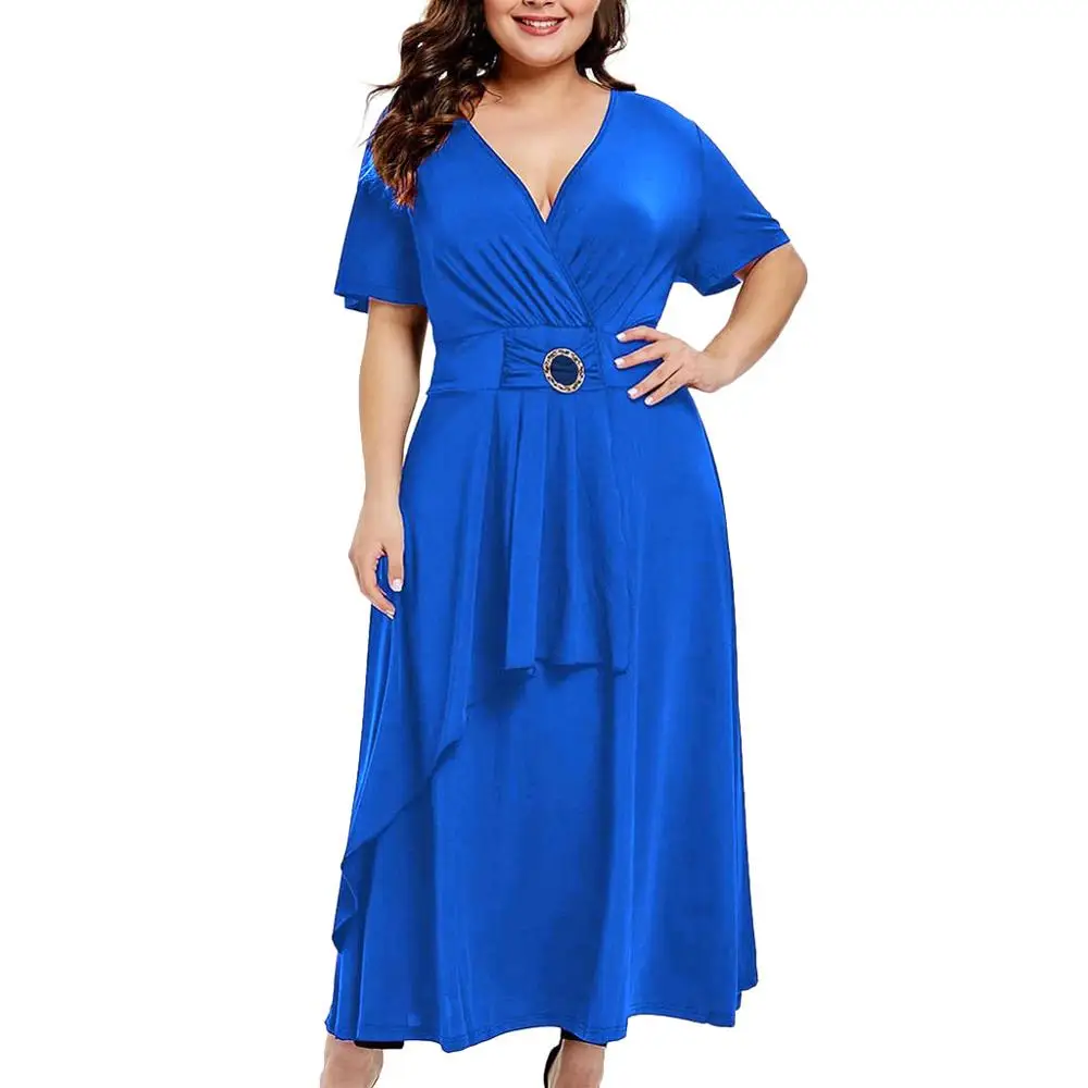 Однотонное платье женская летняя обувь размера плюс с V образным вырезом и