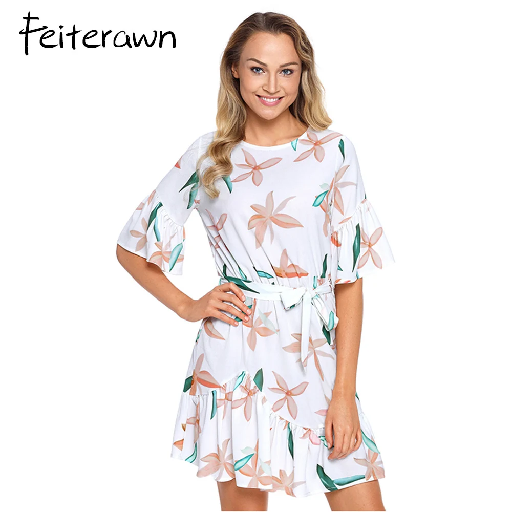 Feiterawn 2018 Весна Женщины платье элегантные модные черный цветочный узор рюшами