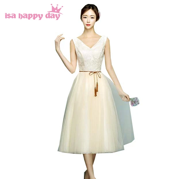 Цвета шампанского Тюлевое платье подружки невесты с v образным вырезом платья