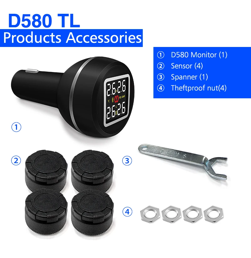 D580C-TL автомобильная система контроля давления в шинах TPMS с USB-портом для зарядки и
