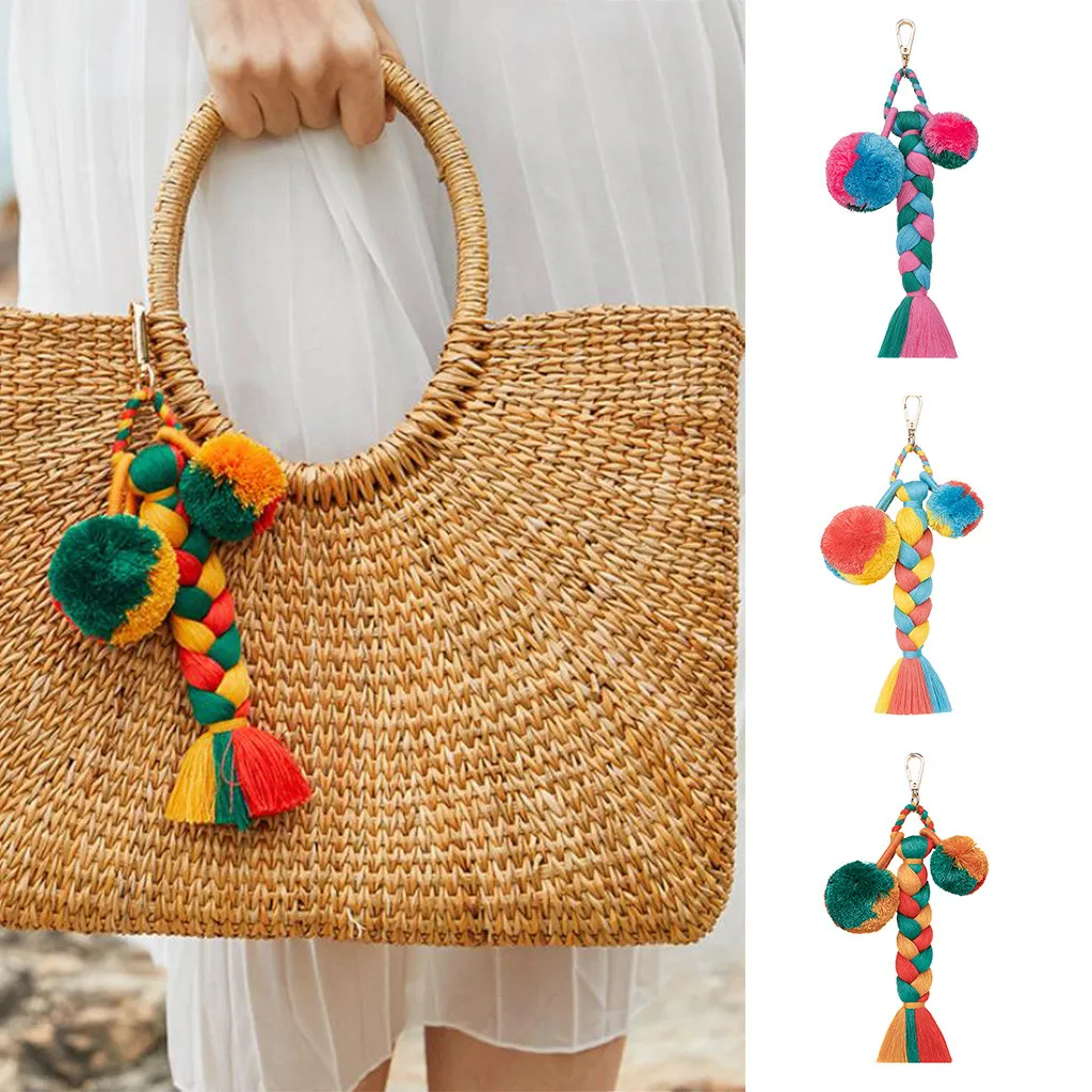 Модные женские туфли слоистых красочные Boho Pom Кисточки Из ПФЛ сумка Шарм брелок Прямая MAY2