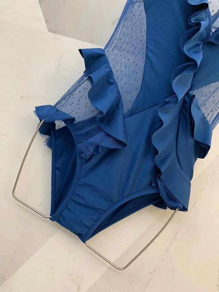 Svoryxiu Mesh Blue One Piece Bodysuit Women's Summer Holiday Sexy Ruffle Bathing Suit Swimwear New