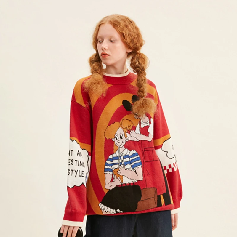 Женский вязаный свитер в стиле ретро толстый с круглым вырезом и мультяшными