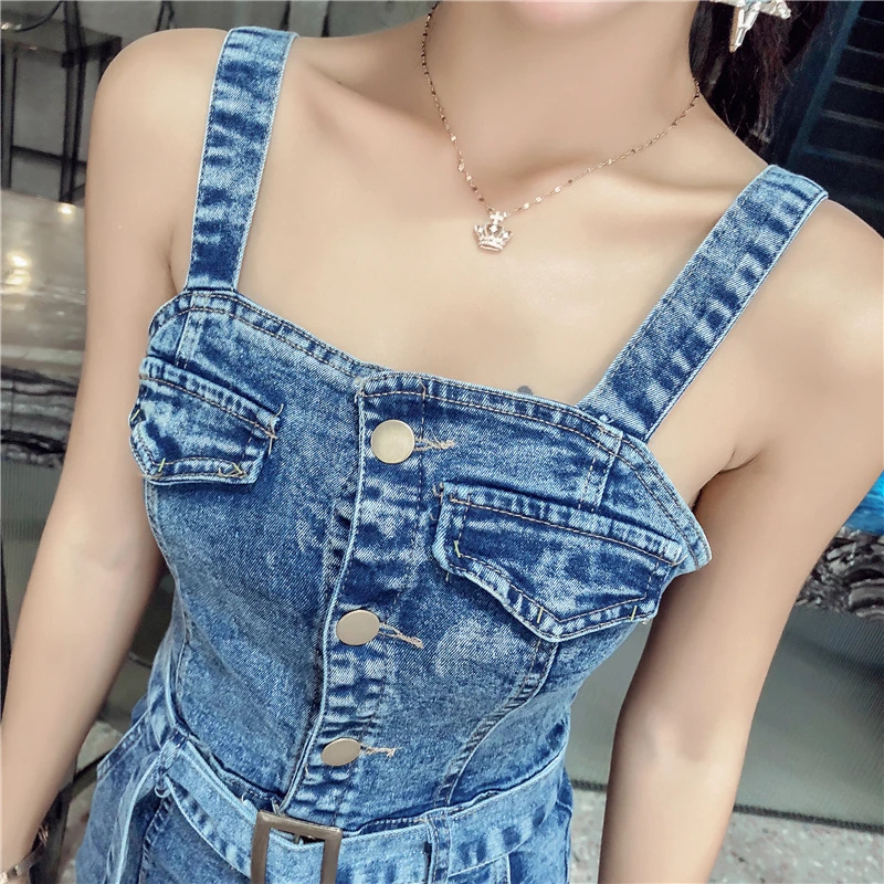 Спагетти платье из джинсовой ткани с ремешками женщины поясом 2019 Лето Новый