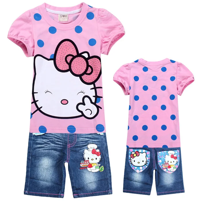 Wholesale New 2014 Summer Kids Clothing Set Cute Dots Hello Kitty t shirts + Pants Jeans Shorts Outfits Girls | Мать и ребенок