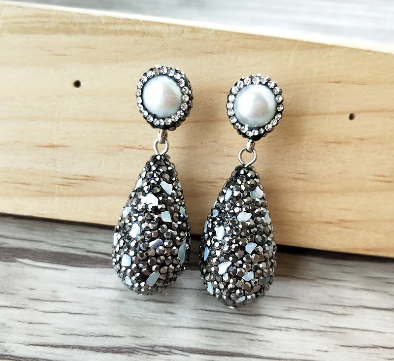 1 Pair Fashion drop shape Natural stone dangle Earrings handmade Pave Rhinestone pearl Charm Jewelry earrings ER762 | Украшения и