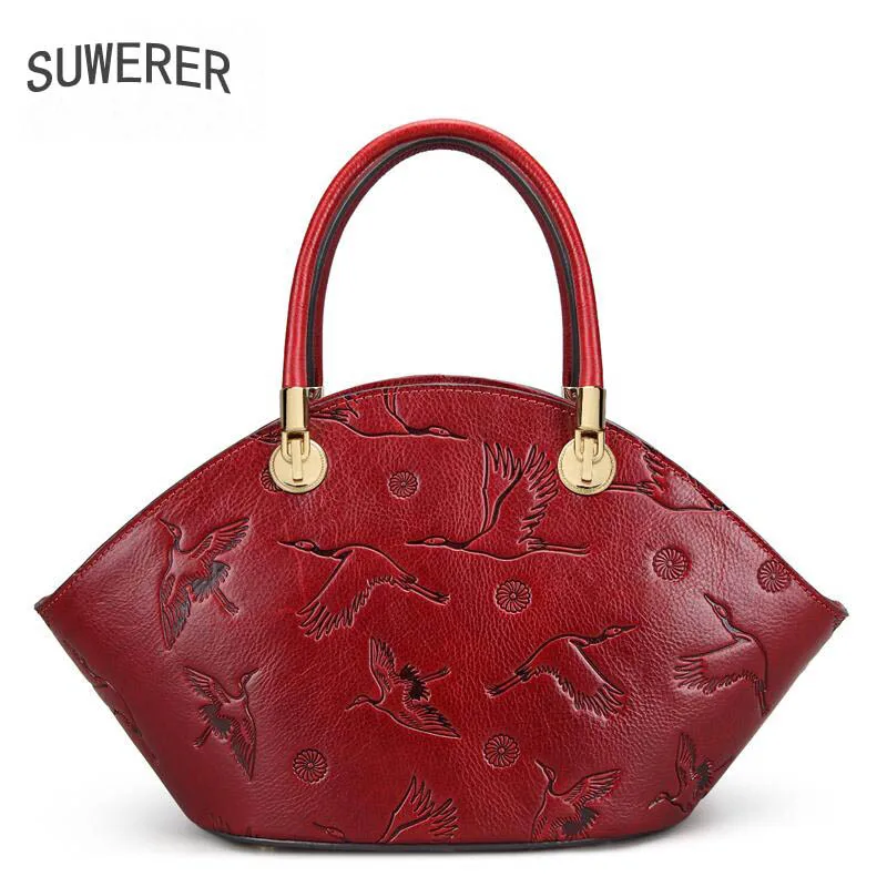 Мягкая сумка из натуральной воловьей кожи роскошная женская с тиснением Cran