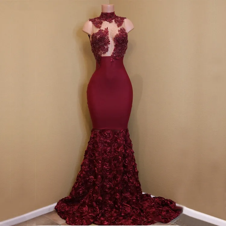 

Burgundy Muslim Evening Dresses Mermaid High Collar Flowers Lace Beaded Islamic Dubai Saudi Arabic Long Formal Evening Gown