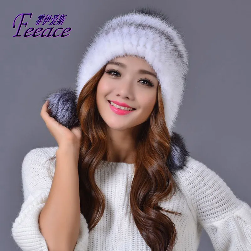 Skullies норковая меховая шапка с лисьим мехом зимняя ушками теплая женские модные