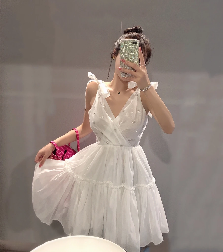 Новинка 2019 г. летнее платье высокой моды очень милое сказочное белое с бантом на
