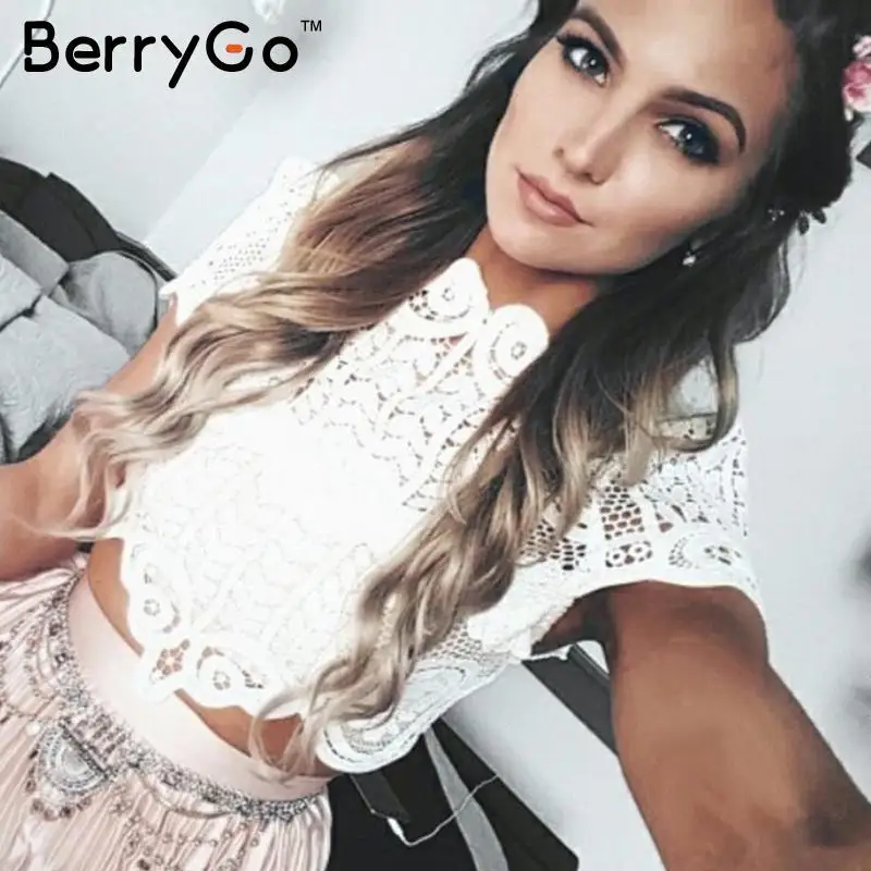 BerryGo Летний стиль элегантные черные кружевные женские топы повседневные с