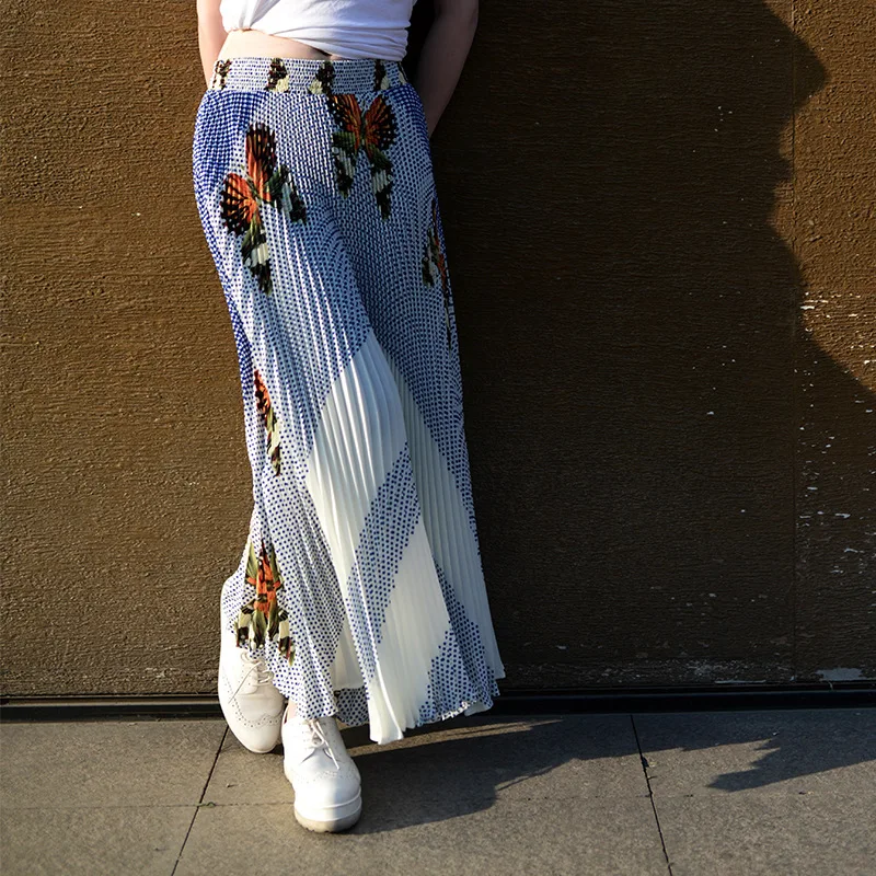 Summer Women Chiffon Skirts Elastic Waist Maxi Skirt Ladies Long Womens Butterfly Pattern Pleated Faldas Saias | Женская одежда