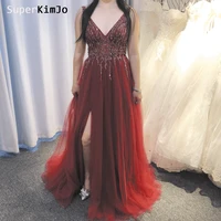 real picture prom dresses 2019 deep v neck beaded crystal a line tulle floor length long actual evening dresses wine red