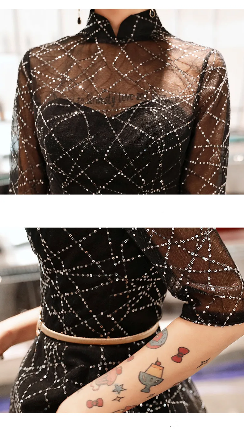 Beauty Emily Elegant Evening Dresses Black Sequined A Line Sexy Illusion Stain Heavy Beaded Formal Dress with Sashes | Свадьбы и