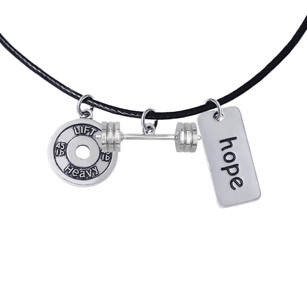 Popular Fitness Metal Barbell Combination Charm Leather Necklace Dream Inspirational Label Men and Women Gym Souvenir Necklaces | Украшения