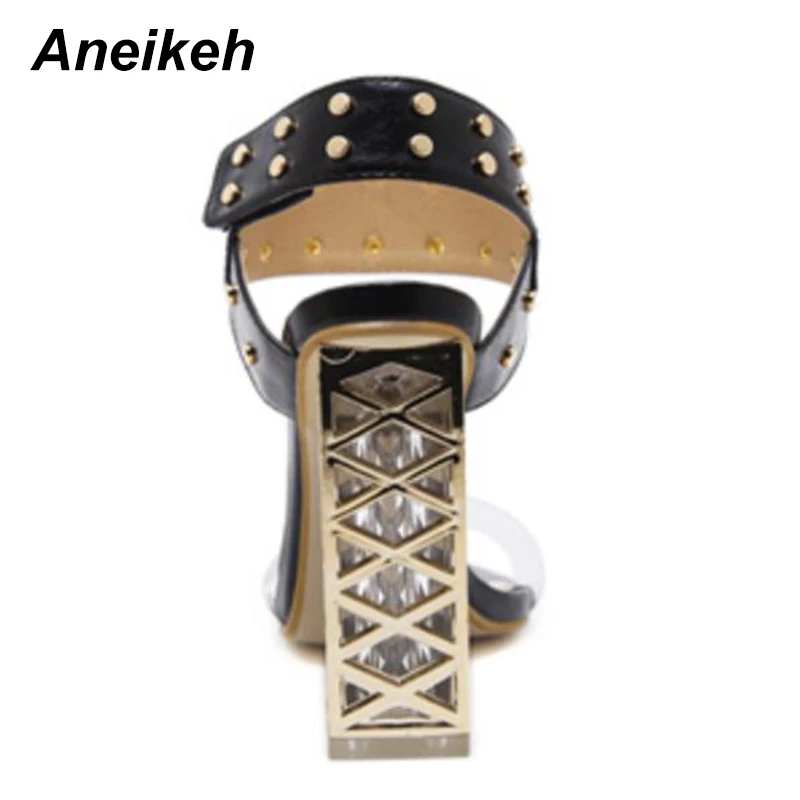 Aneikeh/; пикантные сандалии-гладиаторы с заклепками; Босоножки с открытым носком и ремешком на щиколотке; прозрачные женские модельные туфли на высоком каблуке; размеры 34-40