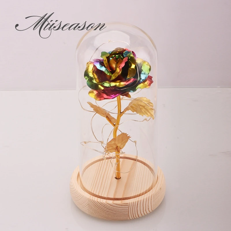 

HOT Rose In Flask Beauty And The Beast Gold-plated Red Rose With LED Light In Glass Dome For Wedding Party Mother's Day Gift