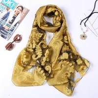 women soft luxury brand scarf plain embroider gold totem floral organza silk shawl summer beach wrap stole female muslim hijab