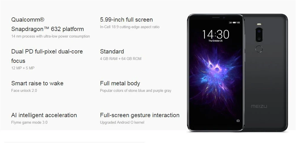 Глобальная версия Meizu Note 8, 4 Гб+ 64 ГБ, мобильный телефон Snapdragon632, четыре ядра, 5,99 дюйма, 2160x1080 P, двойная задняя камера, 3600 мА/ч, металлический корпус