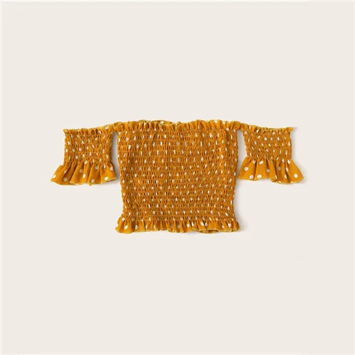 Ginger Dotfashion, имбирный горошек, гофрированная блузка с открытыми плечами для женщин, лето, бохо, короткий рукав, одежда для девушек, облегающие Топы - Цвет: Ginger