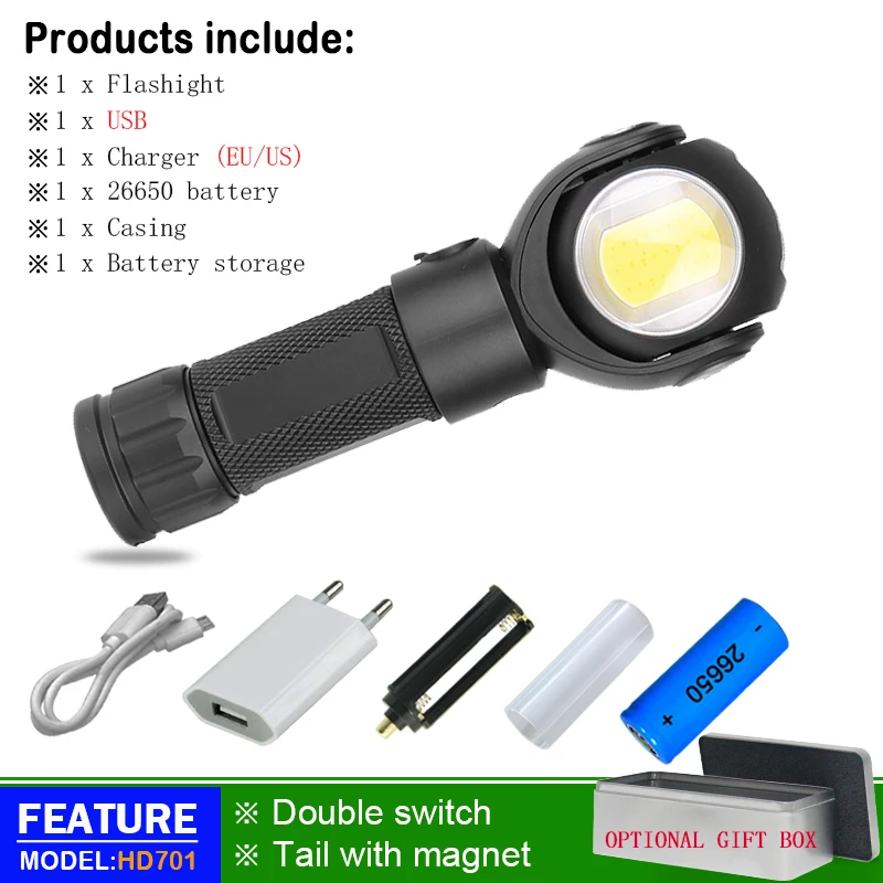 cob flashlight D Перезаряжаемый фонарик красный белый 360 градусов xml t6 факел фонарик с магнитом usb Фара Фонарь 18650 или 26650 - Испускаемый цвет: cob flashlight D