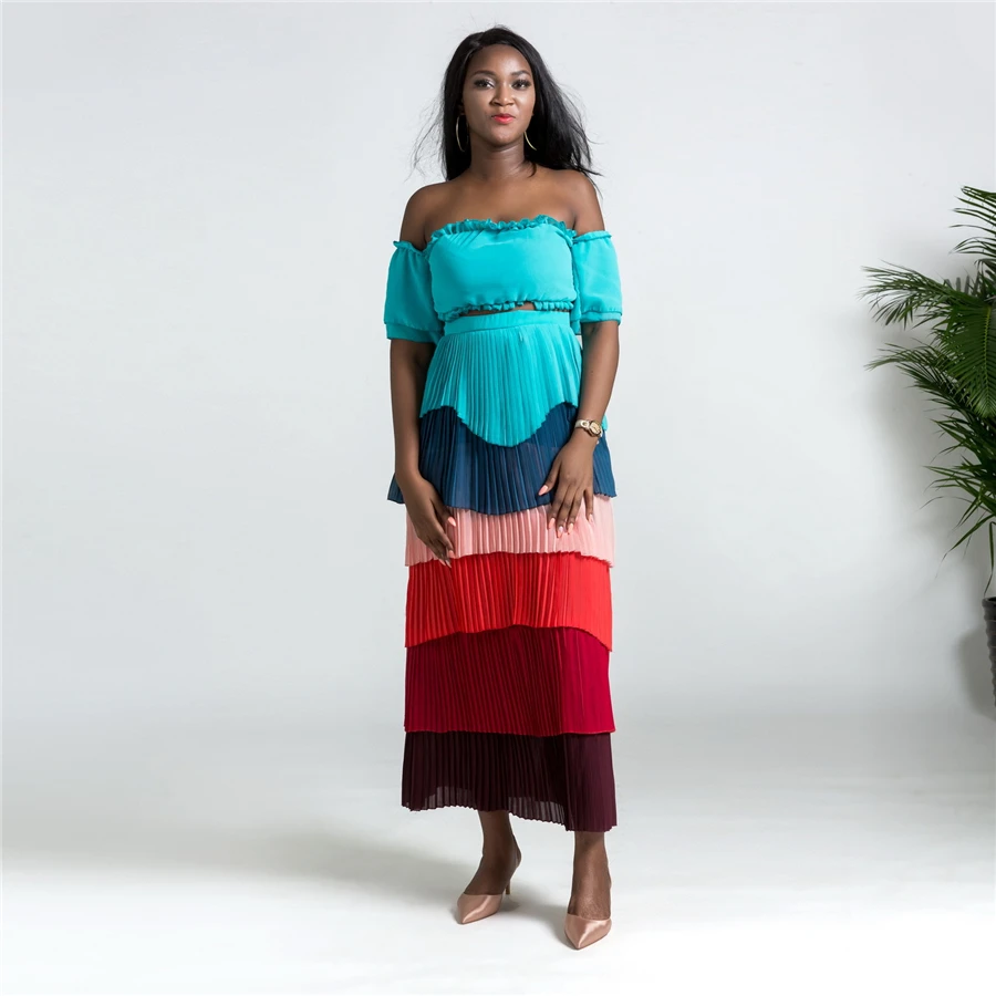 GuyuEra New European and American Women's African Rainbow Skirt With Wrapped Chest Top Large Swing Dress Set L-XXL