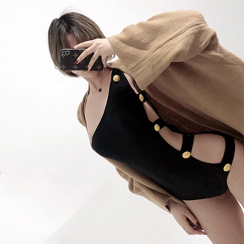 Сексуальный купальник с большими нагрудными пуговицами собранный тонкое бикини