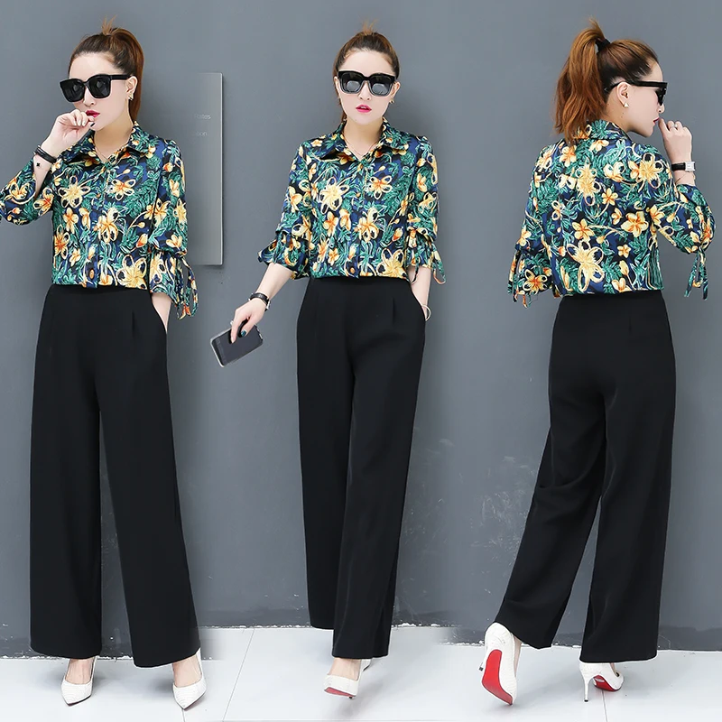 

New Korean Fashion Women'S Clothing Set Floral Shirt & Black Wide-Legged Pants Two Pcs Suits Casual Clothes Lady Outfit S-2XL