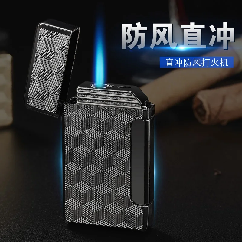 Металлическая прямая ветрозащитная зажигалка с открытой крышкой и боковым
