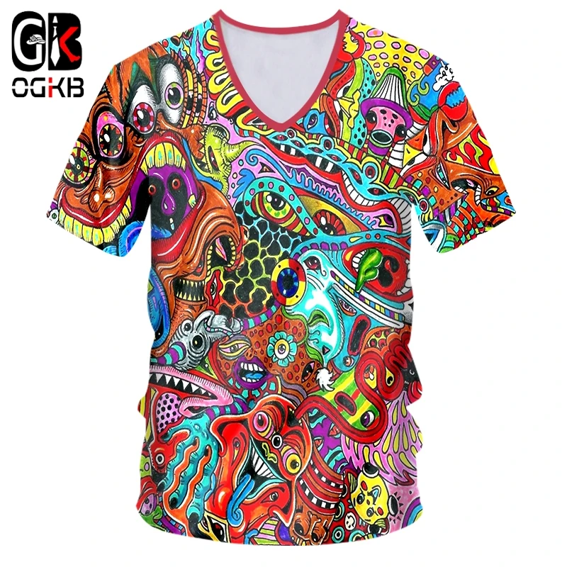 OGKB Мужская футболка с V образным вырезом стройная многоцветная 3D принт красный